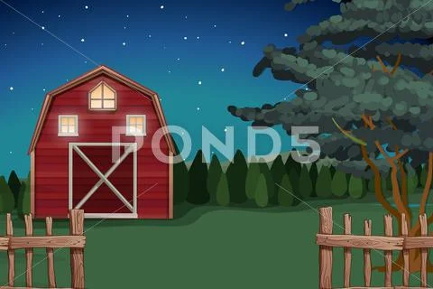 Farmhouse on the farm at nighttime Stock Illustration