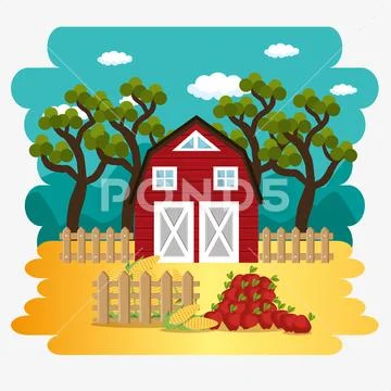 Farmhouse in the farm scene Stock Illustration