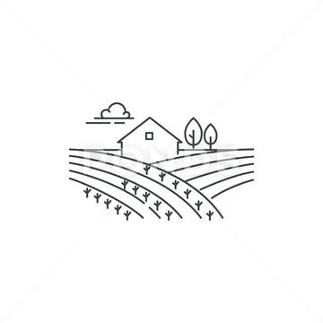 Farmhouse on the field line icon. Outline illustration of landscape, vector Stock Illustration