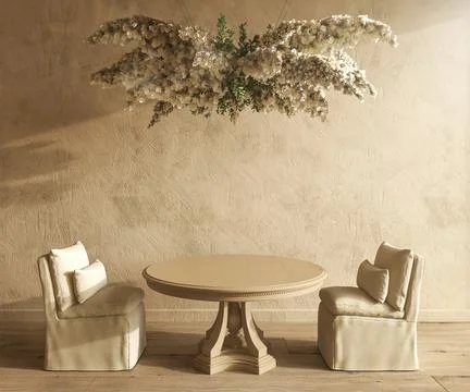 Farmhouse interior mockup with dining table and chair with chandelier and dry Stock-Illustration