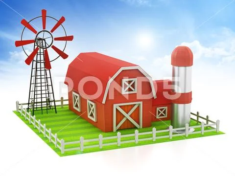 Farmhouse with windmill and silo standing on green area. 3D illustration Stock Illustration