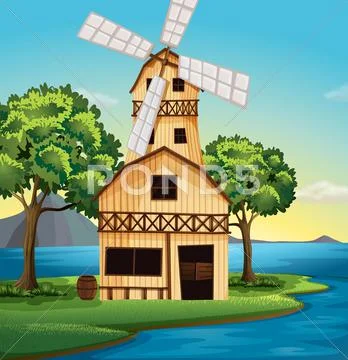 A farmhouse with a windmill Stock Illustration