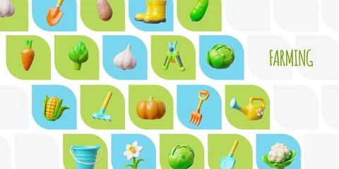 Farming 3D plastic style vector banner design, vegetables and greenery harvest Stock Illustration
