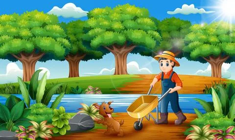 Farming activities on the park with animals Stock Illustration
