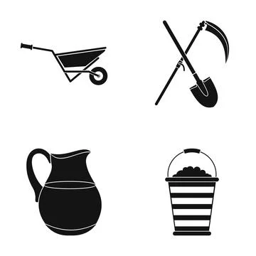 Farming and gardening tools black silhouette icons collection Stock Illustration