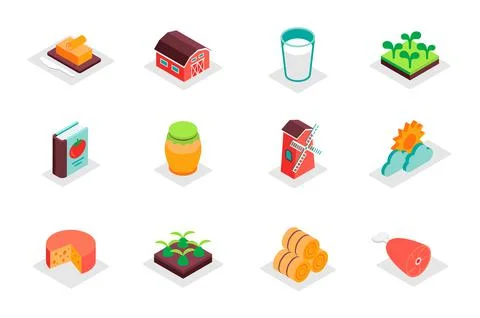 Farming concept 3d isometric icons set. Pack isometry elements of butter, barn Stock Illustration