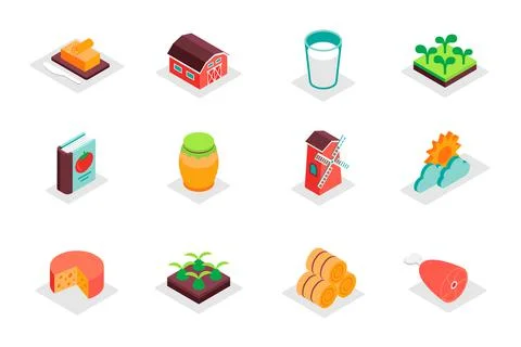 Farming concept 3d isometric icons set. Pack isometry elements of butter, barn Stock Illustration