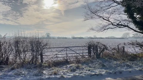 Farming field gate snow scenic coutryside Stock Footage 297582453