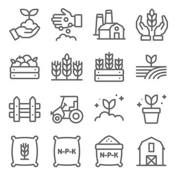 Farming icons set vector illustration. agriculture, planting, fertilizer, fence Stock Illustration