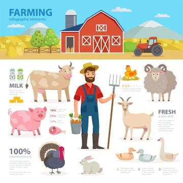 Farming infographic elements. Farmer, farm animals, equipment, barn, tractor Stock Illustration
