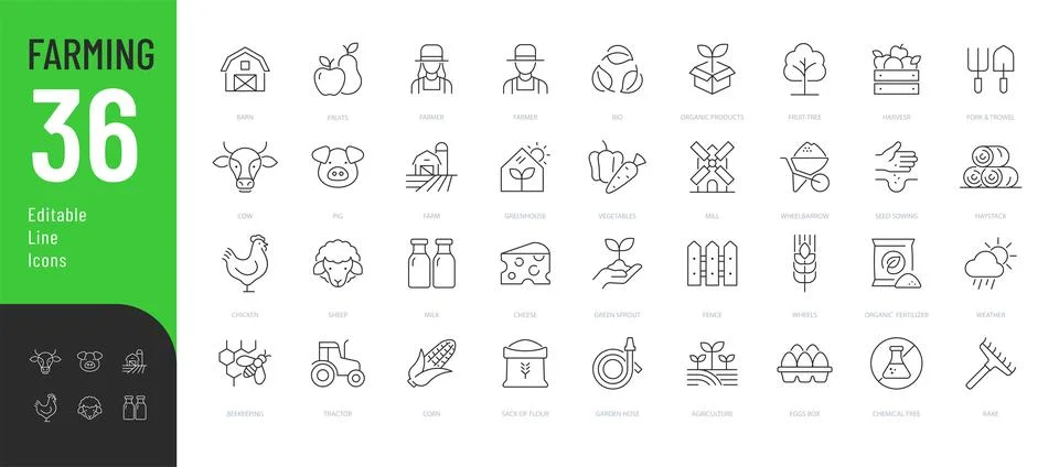 Farming Line Editable Icons set. Stock Illustration