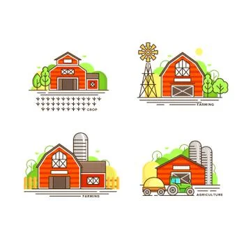 Farming logo collection in line design. Farm barns, farmhouses, windmill vector Stock Illustration