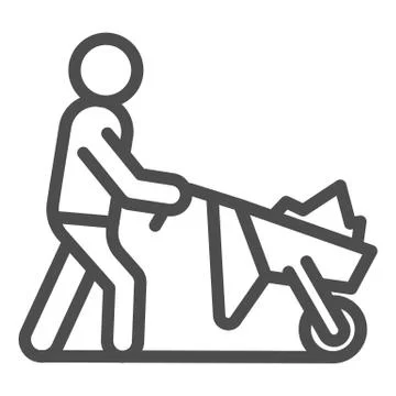 Farming man with cart line icon. Person with garden trolley vector illustration Stock Illustration