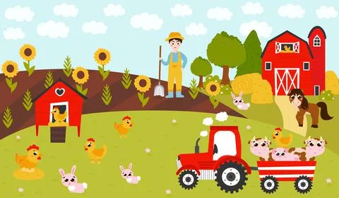 Farming poster with tractor with animals and farmer boy digging, barn with ho Stock Illustration