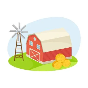 Farming Red Barn and Windmill with Haystack Rested Nearby Vector Composition Ilustración de archivo