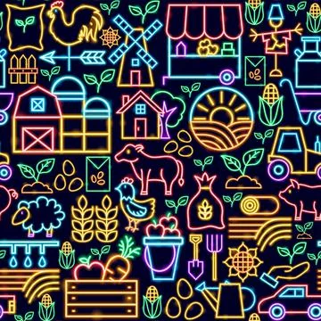 Farming Seamless Neon Pattern Stock Illustration