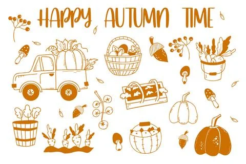 Farming set of hand drawn doodles. Pumpkin truck, carrot patch and mushroom b Stock Illustration