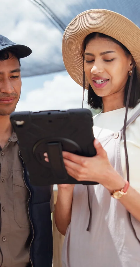 Farming, team and tablet for data management outdoor with growth, database and Stock Footage 348716045