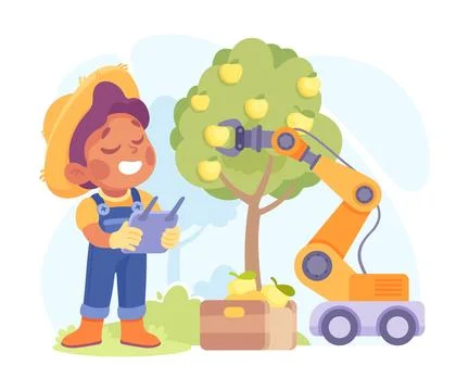 Farming Technology with Boy Farmer Harvest from Apple Tree with Tablet Vector Stock Illustration