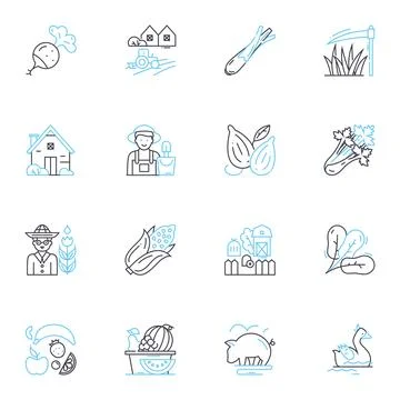Farming technology linear icons set. Precision, Irrigation, Automation, Dr Stock Illustration