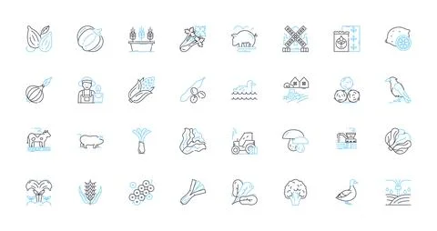 Farming technology linear icons set. Precision, Irrigation, Automation, Dr Stock Illustration