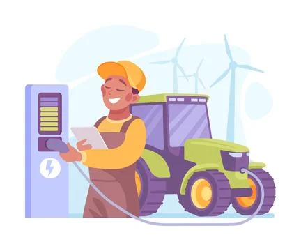 Farming Technology with Man Farmer Charge Tractor Vector Illustration Stock Illustration