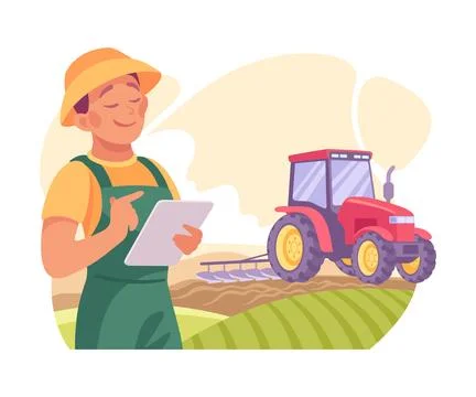 Farming Technology with Man Farmer Plow Field with Tractor and Tablet Vector Stock Illustration