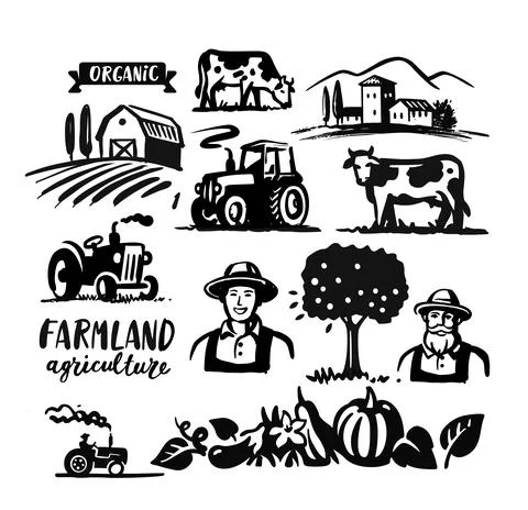 Farming theme. Elements for design farmer cows, tractor Stock Illustration