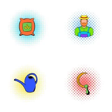 Farming tools, farmer, and seeds comics icons イラスト素材