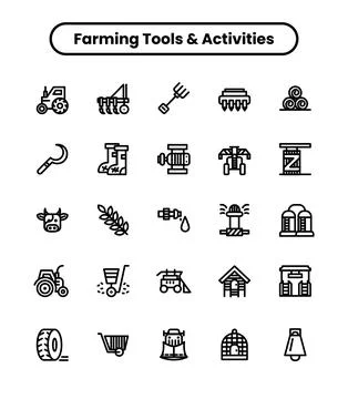 Farming tools thick line icon set Stock Illustration
