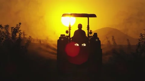 Farming tractor driving spraying on orchard apple fruit garden with sprayer, her Stock Footage 146590032