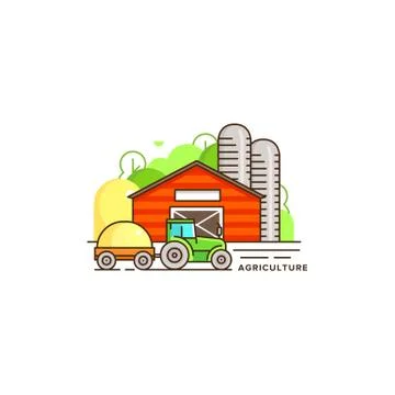 Farming vector flat illustration in linear design. The farm house and tractor Stock Illustration
