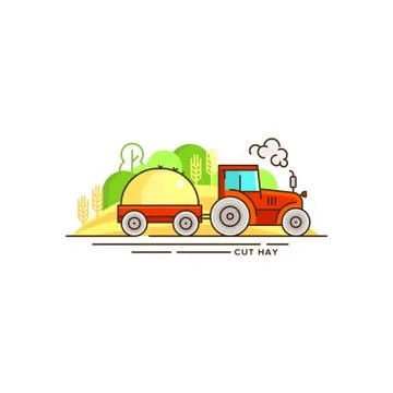Farming vector flat illustration in linear design. The tractor with cut hay and Stock Illustration