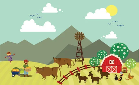 Farming work background colored cartoon design Stock Illustration