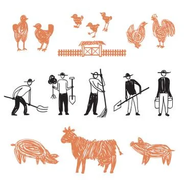 Farming workers, men working on farm Illustrazione stock