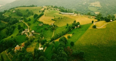 Farmland in the Pyrenees with fields and settlements Stock Footage 94206741