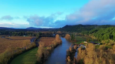 Farmland in rural Oregon on the Calapooia River | Drone Videography Stock Footage 266152132