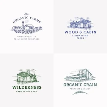 Farms and Cabins Abstract Vector Signs, Symbols or Logo Templates Set. Hand Stock Illustration