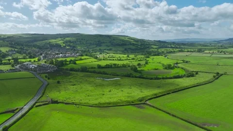 Farms and Fields over Cononley and River Aire, Keighley, Yorkshire, UK Video stock 278627600