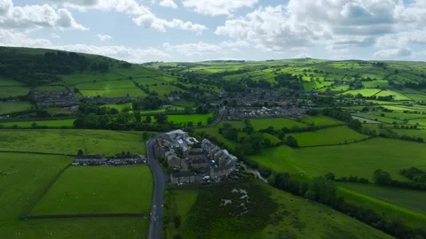 Farms and Fields over Cononley and River Aire, Keighley, Yorkshire, UK Video stock 278627690
