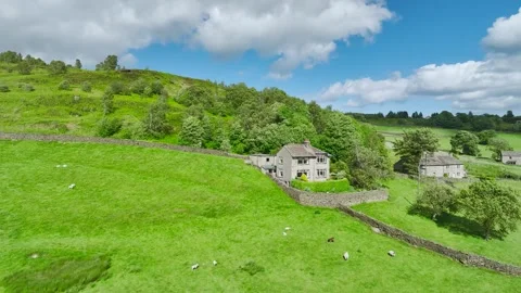 Farms and Fields over Cononley and River Aire, Keighley, Yorkshire, UK Stock Footage 278627772