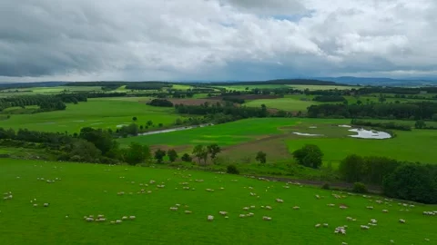 Farms and Fields over River Eden and River Eamont from a drone, Cumbria, England Stock Footage 277858616