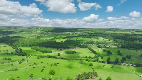 Farms and Fields over River Ure from a drone, North Yorkshire, England Stock-Footage 278627977