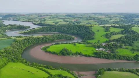 Farms and Fields over River Dart, Stoke Gabriel, Totnes, Devon, England Stock-Footage 312479715
