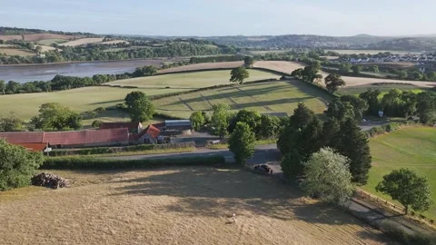 Farms and Fields over River Teign and Teignmouth Road, Newton Abbot, Devon Stock Footage 314329192