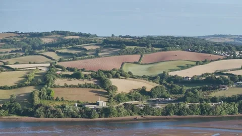 Farms and Fields over River Teign and Shaldon Road, Newton Abbot, Devon Stock Footage 314331396