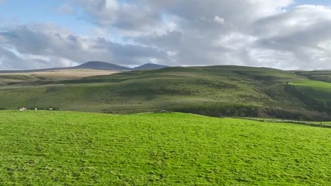 Farms over Black Mountain, Brecon Beacons National Park, Carmarthenshire, Wales Stock Footage 290361769