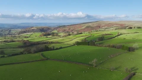 Farms over Black Mountain, Brecon Beacons National Park, Carmarthenshire, Wales Stock-Footage 290361888