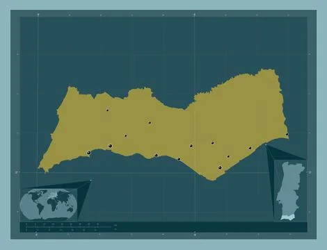 Faro, Portugal. Solid color shape. Locations of major cities of the region Stock Illustration