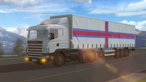 Faroe Island flag shown on the side of a large truck Stock Footage 122099330